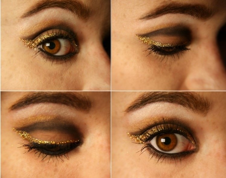 očný make-up-návod-nápad-hnedo-zlatý-trblietavý efekt-očné tiene-kohl-spodné viečko-farebná harmónia-riasenka
