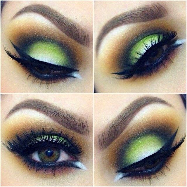 hnedé oči, falošné riasy, zelené očné tiene falošné riasy zelené očné tiene bronzové tieňovanie