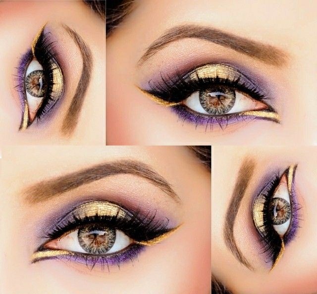 Návod na líčenie obočie purpurovo žlté očné tiene Pokyny pre nápady na fialové žlté tiene na obočie