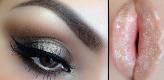 Naneste párty make-up hnedé oči aplikujte hnedé oči strieborné očné tiene mačky oči trblietky ústa