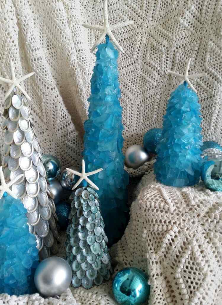 vianočné dekorácie-urob si sám-prírodné materiály-námorný vzhľad-rozbité sklo-more-brúsené-škrupiny-hviezdice