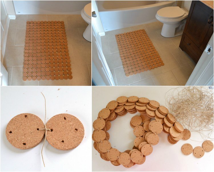 Efektné kúpeľňové podložky pre seba-vyrobte si korkové kotúče-zátky na víno