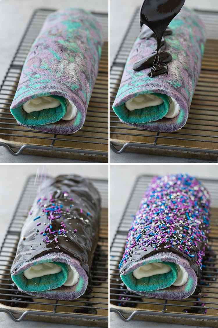 Nezvyčajné dezerty valcovaný koláč-ganache-glazúra-pripravte-galaxiu-vzhľad