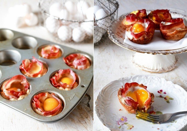 Nezvyčajné recepty plech na raňajky-slanina-vajíčka-chlieb-muffin