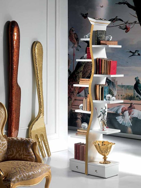 Hravá kompozícia-drevené knižnice-integrované osvetlenie Hravá kompozícia-drevené poličky na knihy-vstavané svetlá