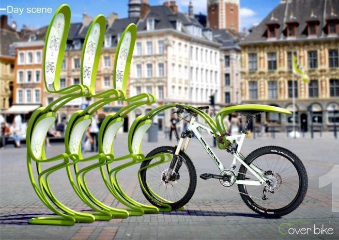 Praktický dizajn stojana na bicykel so skladacou pláštenkou do dažďa Stojan na bicykel-dizajn-pláštenka do dažďa-praktické-možnosti uloženia
