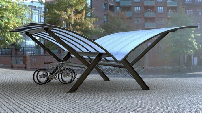 Moderné parkovisko pre bicykle s dizajnom vrchlíka moderné-parkovisko-priestor-bike-parker-stojany na bicykle-so strešnou konštrukciou