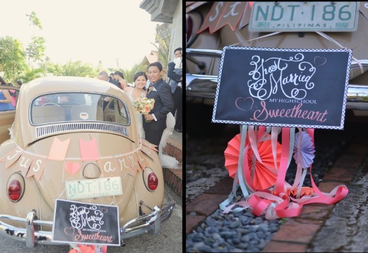 Automobilové šperky - domáca girlanda Just Married Auto šperk-svadba-romantický-veniec-práve-ženatý