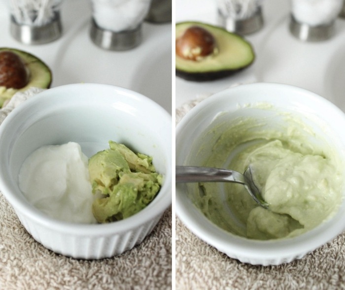 Vyživujúca maska ​​na vlasy, avokádo, jogurt, jojobový olej, kúra na vlasy