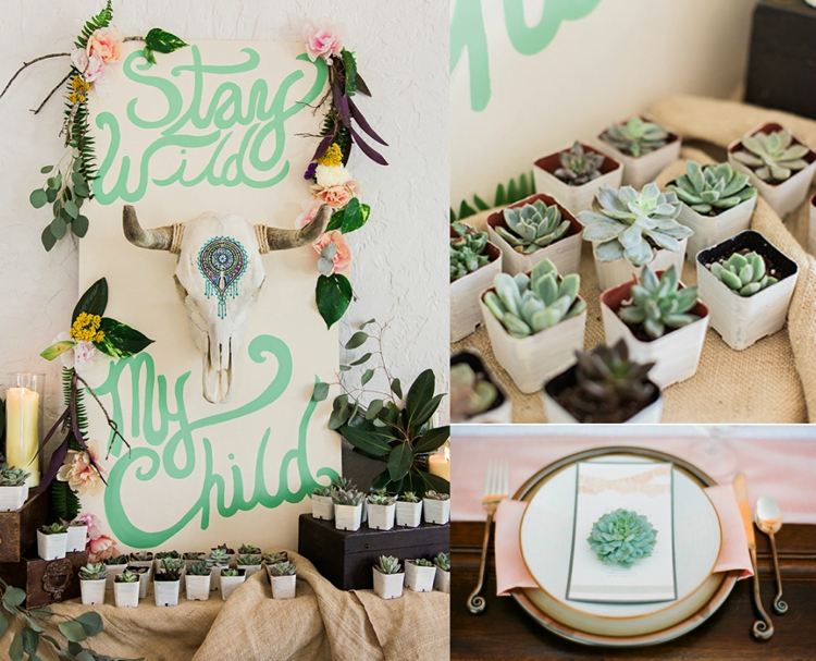 detská sprcha v štýle boho sukulenty malé darčeky pre hostí