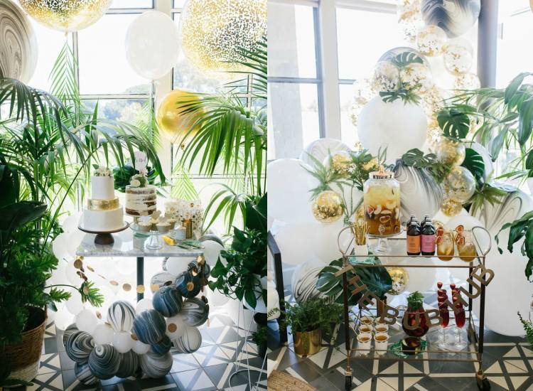 detská sprcha, balóniky v štýle boho, palmy, zlatý akcent, trblietky