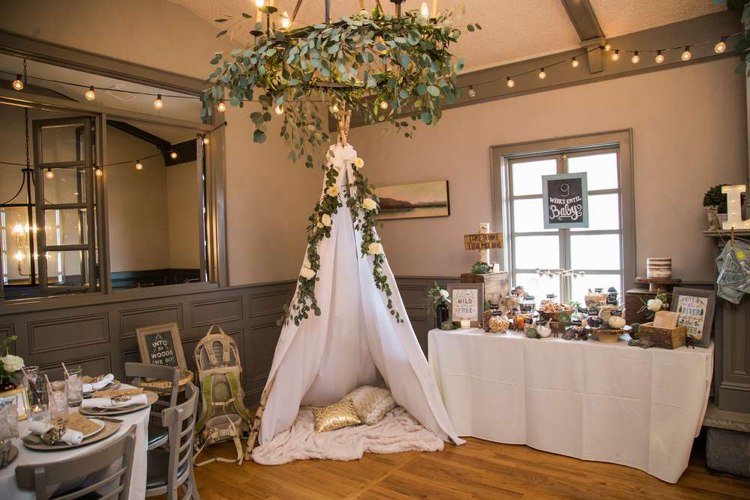 detská sprcha párty stan v štýle boho v štýle deco útulný rohový biely