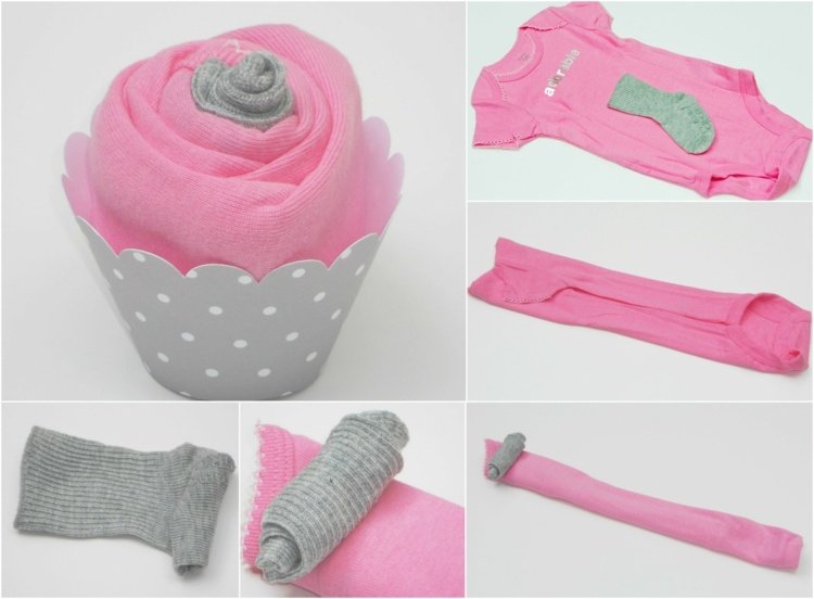 Košíček z detských šiat v ružovej a svetlošedej farbe - návod Detská sprcha darčeky cupcakes-do-it-yourself-foermchen-pink-rompers-detské-ponožky-roll