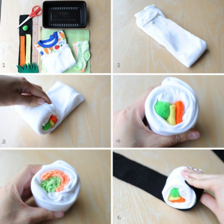 Darček od „Sushi Set“ od onesie - krok za krokom Detská sprcha-darčeky-urobte si-sushi-set-bielou-bábikou-detskými ponožkami-remeselníckymi materiálmi
