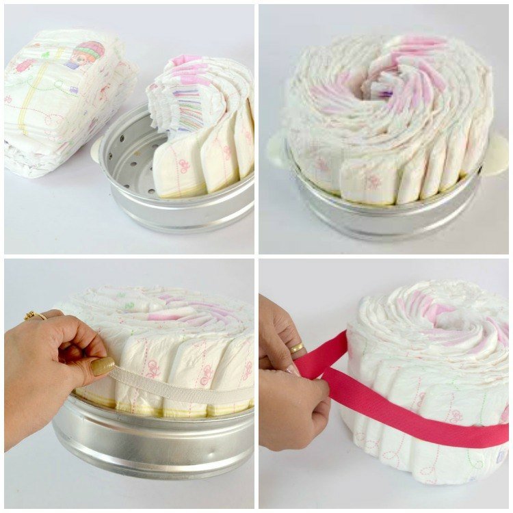 Vyrobte si plienkový koláč sami - krok za krokom Detská sprcha-darčeky-figúrka-plienka-plienky-plienková torta-urob si sám-cedidlo-elastické-ružové-pútko