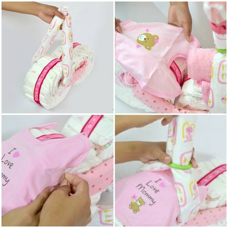 Motocykel vyrobený z plienok, detského oblečenia a hryzátka pre dievčatá Detská sprcha-darčeky-figúrka-plienka-ružová-motorka-urob si sám-návod-laetzchen-detské šaty-dievčatá