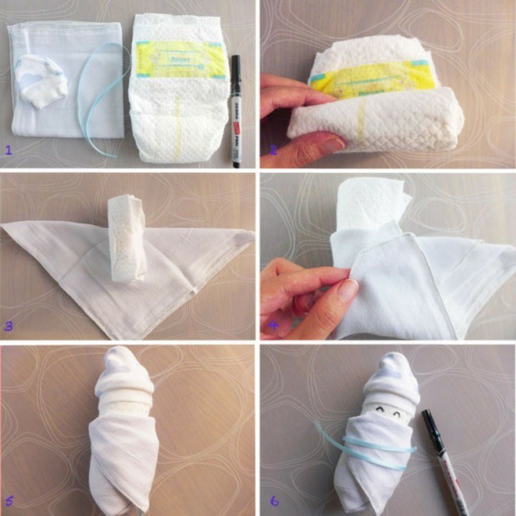 Detské figúrky z plienok - DIY nápad a materiály Detská sprcha-darčeky-plienky-deti-DIY-waschlaeppchen-white-babysoeckchen -schleife-plstené pero