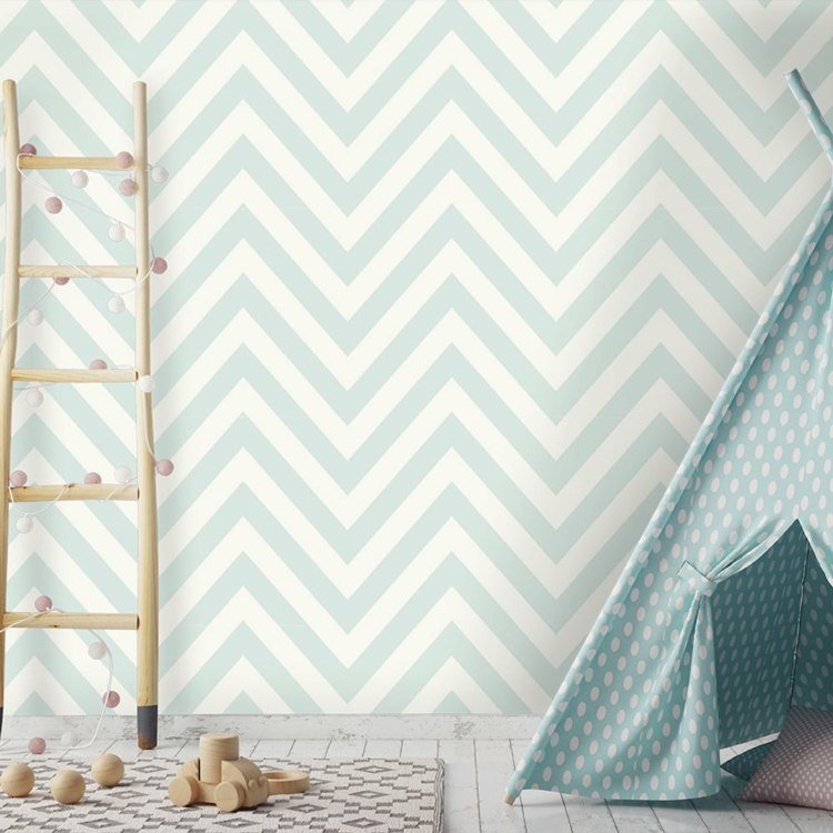 stenový dizajn cikcak mäta zelená biela koberec šedý vzor teepee