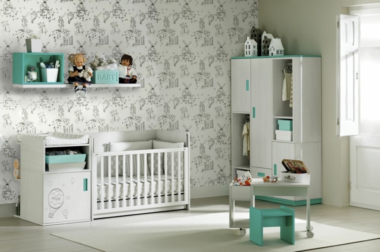 detská izba-kompletný dizajn-tyrkysové-akcenty-biely-nábytok-tapeta-sivá-ružová