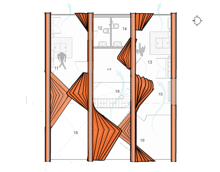 dvojpodlažný pôdorys domu so zvlnenými stenami