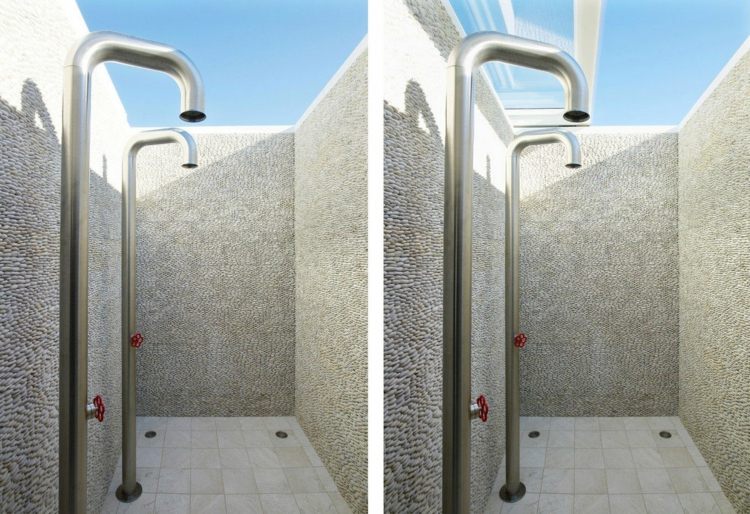 potrubie kúpelňové armatúry vonkajšie mozaikové kamene sprcha nápad