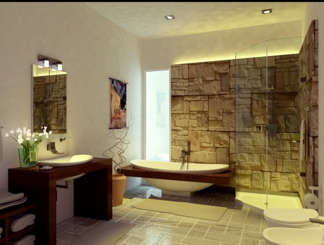 Kúpeľňa z prírodného kameňa, drevená vaňa, kamenné obklady, rustikálne Kúpeľňové drevené vane kamenné obklady rustikálny dizajnový nápad