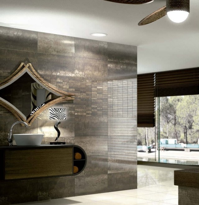 nápady na dlaždice do kúpeľne azteca-kovový vzhľad-drevený nábytok
