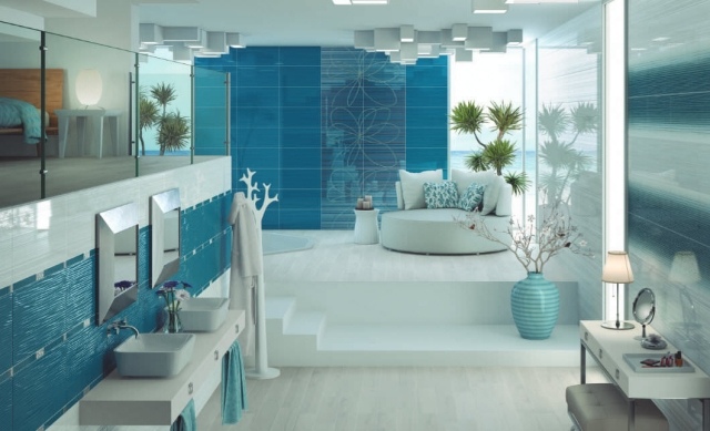 nápady na dlaždice do kúpeľne aztéka-biela-modrá-monochromaticky zasklená