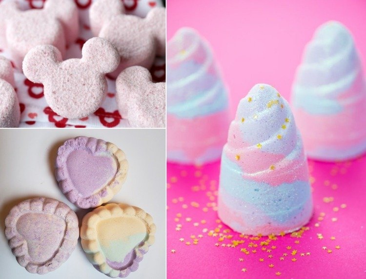 Nápady do bomby do kúpeľa pre dievčatá - rohy jednorožcov, ružová myš Mickey a srdiečka