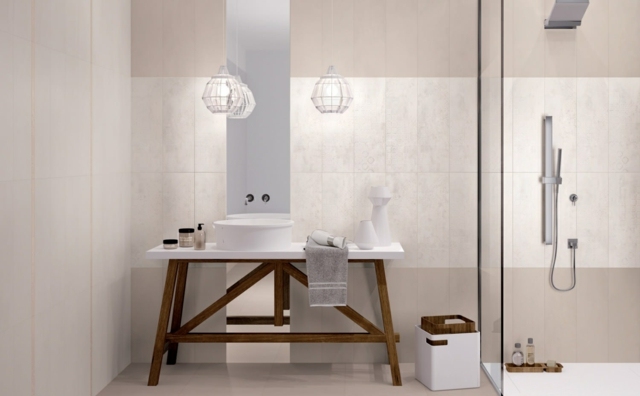 Drevené nohy-stôl-okrúhly-drez-sklenená nástenná sprcha