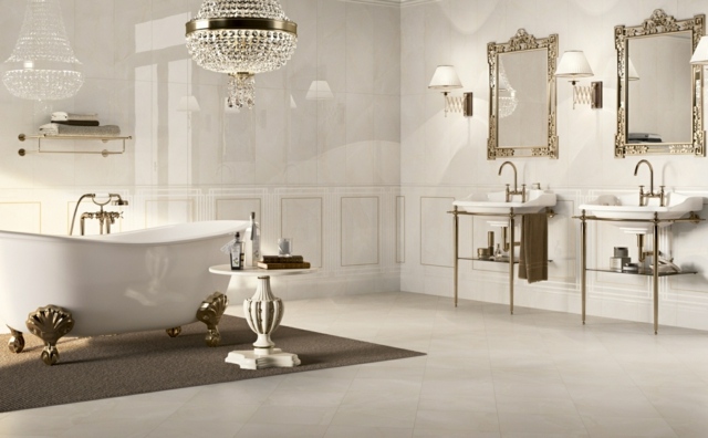 svetlé obklady-kúpeľňový nábytok-rámy v štýle vintage-zlaté-pečate