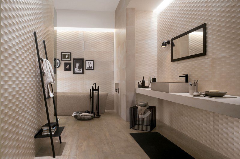 Kúpeľňa-dlaždice-piesková farba-trojrozmerný vzhľad