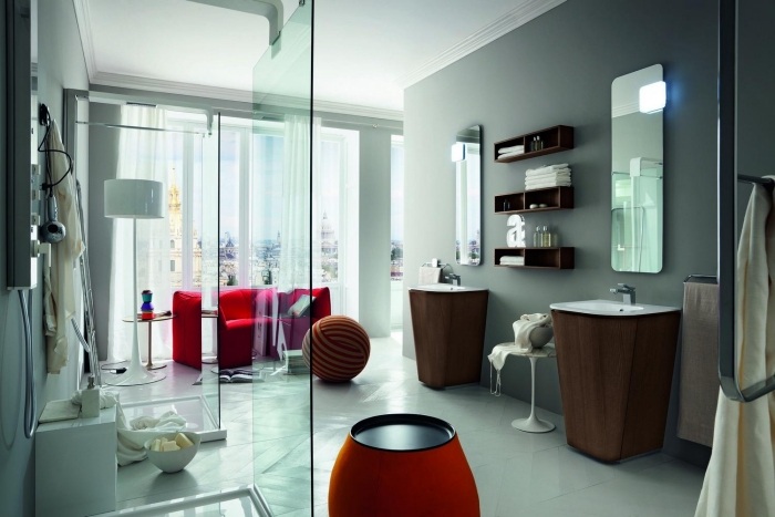 Kolekcia do kúpeľne Semišové podstavcové umývadlo vyrobené z dreva, vrchná doska biela vo vysokom lesku Kúpelňa-kolekcia-semiš-drevo-umývadlo-skrinka-farba-kakao-biela-lesklá-top