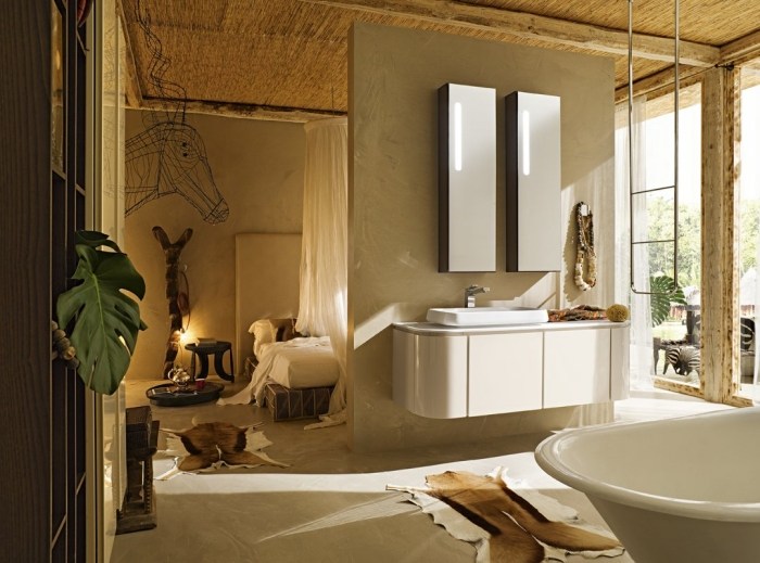 Kolekcia do kúpelne Semišové umývadlo s vrchnými zrkadlovými skrinkami vo vysokom lesku rovnobežnými Kúpeľňový semiš-drevo-tabak-pergamen-vysoký lesk-tanier-márnosť-Kama-in-tecnoril®