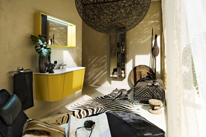 Drevená skrinka pod umývadlo s vrchnou doskou zo živice z tabaku a horčicového mramoru Skrinka pod umývadlo-farba dreva-tabak-horčica-mramorová živica-matná-integrovaná