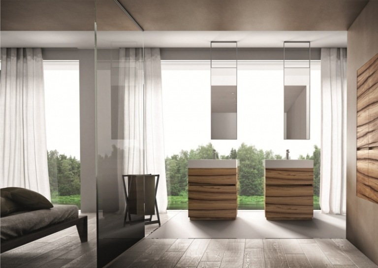 Kúpeľňový nábytok vyrobený zo skrinky na dreve, orechu a voľne stojaceho umývadla