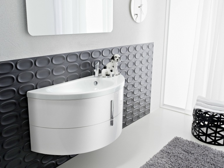 Polkruhová spodná skrinka a 3D obklady na stenu v tmavošedej farbe Kúpelňový nábytok-biela-polkruhová-spodná skrinka