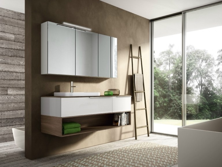 Horná skrinka so zrkadlom a dolná skrinka s drevenými detailmi Kúpelňový nábytok-biely-moderný-obyčajný-dub