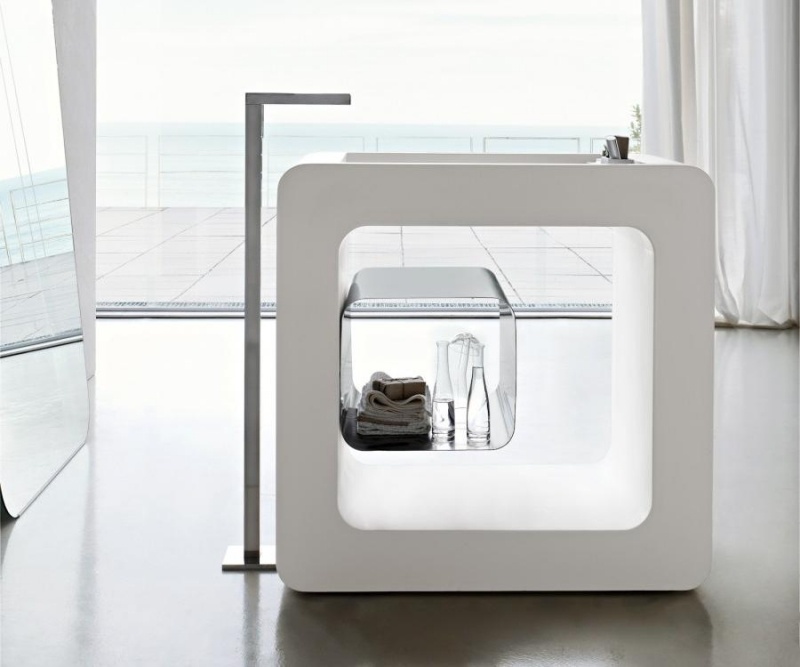 Biela spodná skrinka s futuristickým tvarom Kúpelňový nábytok-biela-umývadlo-spodná skrinka-voľne stojaca