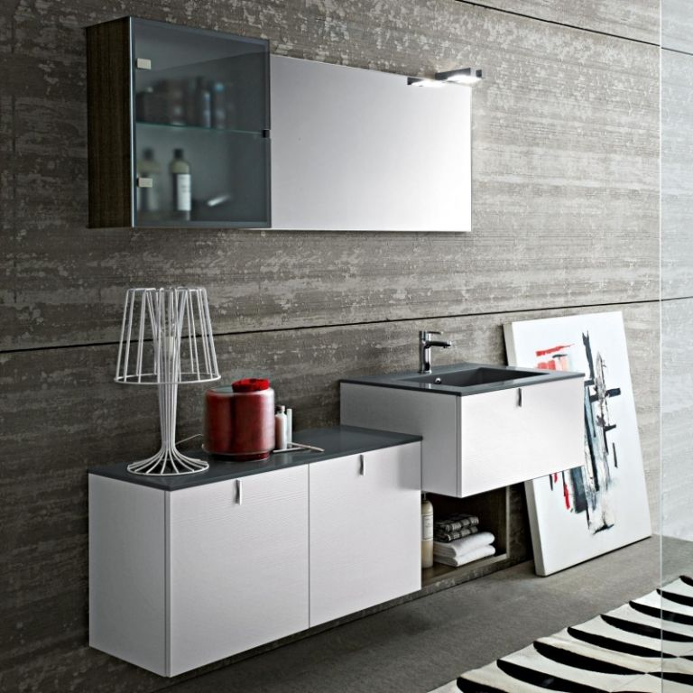 Moderný minimalistický dizajn kúpeľne Kúpelňový nábytok-biely-moderný-praktický-úspora miesta