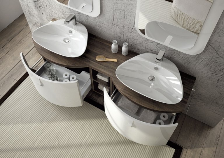 Kúpelňový nábytok - spodná skrinka s bielymi prednými časťami Kúpelňový nábytok-biela-drevo-umývadlo-zásuvka-spodná skrinka-vysoký lesk