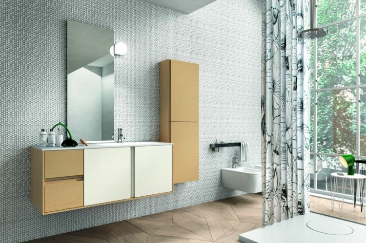 Kúpeľňový dizajn - príklad dreveného nábytkového setu na stenu Zrkadlová nástenná skrinka do kúpeľňového nábytku