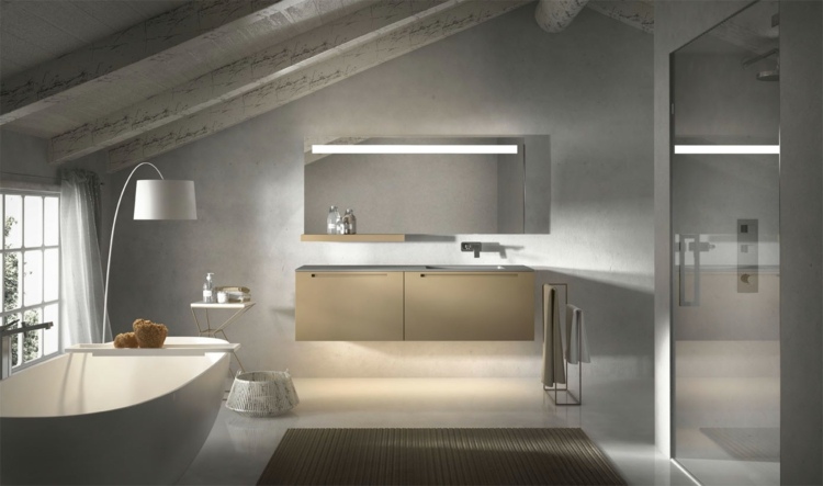 Kúpelňový nábytok do puristickej kúpeľne - biela vaňa Kúpelňový nábytok voľne stojaca vaňová spodná skrinka zrkadlové osvetlenie