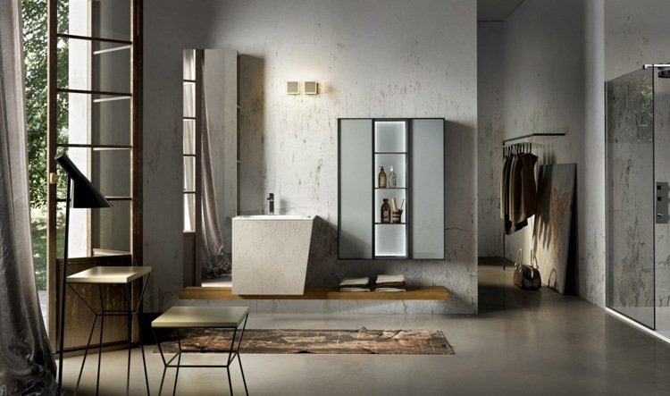 Kúpeľňový dizajn v puristickom vzhľade - zostava kúpeľňového nábytku Kúpelňový nábytok voľne stojace umývadlo keramický obklad