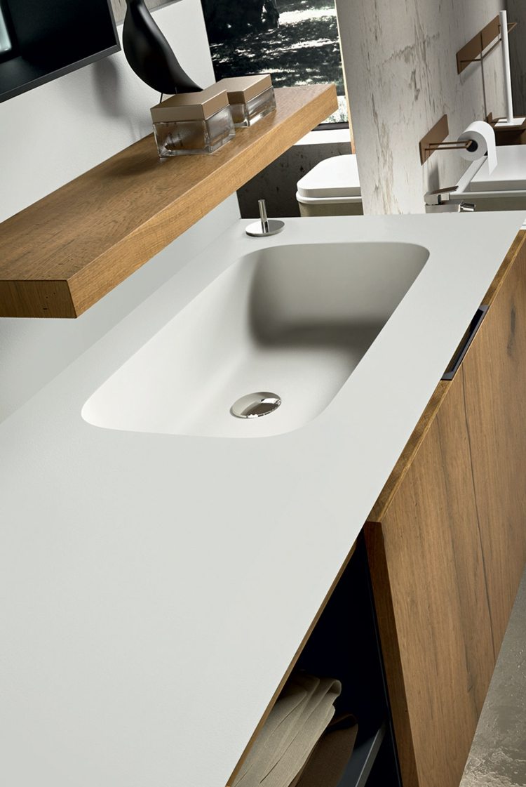 Spodná skrinka z dubu s matným povrchom a keramickým umývadlom Zostava kúpeľňového nábytku drevená skrinka márnosť