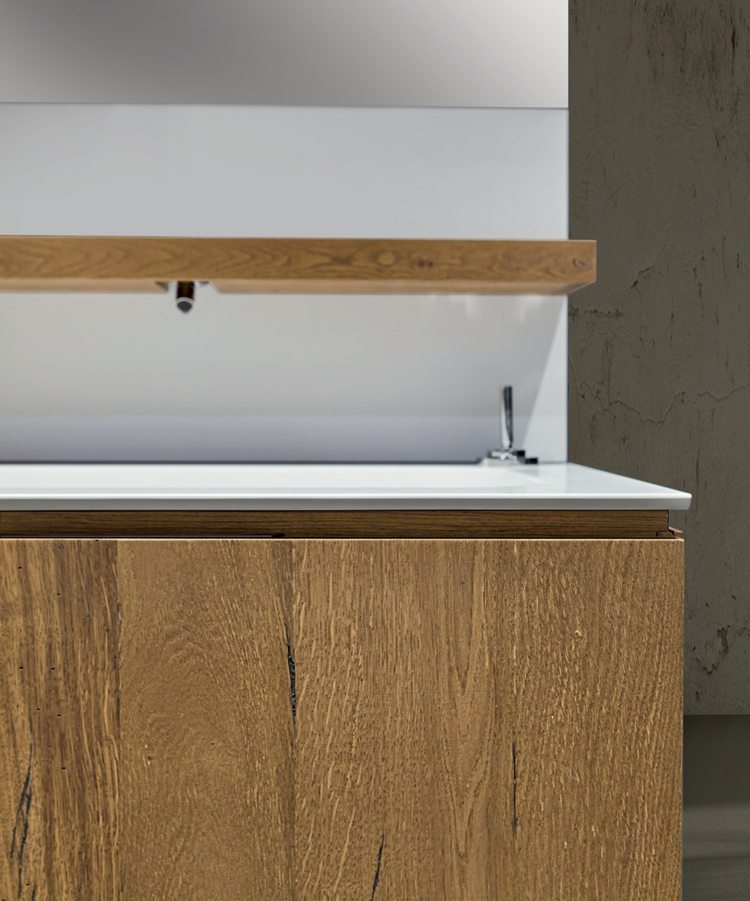 Drevená základňa a keramické umývadlo tvoria atraktívny celok Zostava kúpeľňového nábytku keramická vstavaná drezová drevená polica