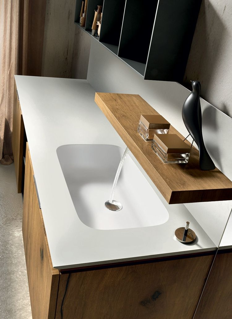 Drevený nábytok v modernej kúpeľni a keramická vložka Kúpelňový nábytok polička spodná skrinka z keramiky