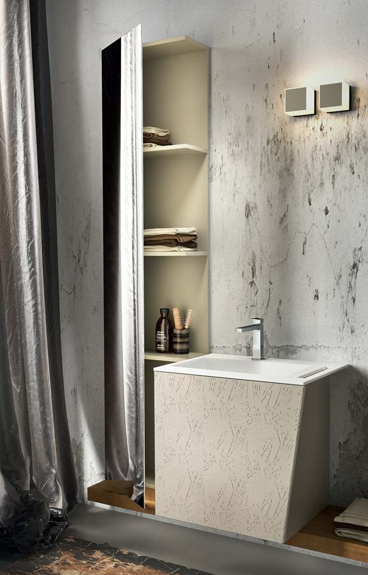 Kúpeľňová skrinka so sklenenými prednými stranami a voľne stojacim umývadlom Kúpelňový nábytok sadrová stena skriňa sklenený povrch