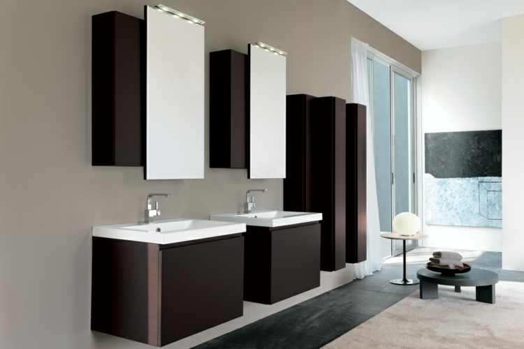 Skriňa pod umývadlo, drevená vysoká skrinka, zrkadlová skrinka, tmavá farba