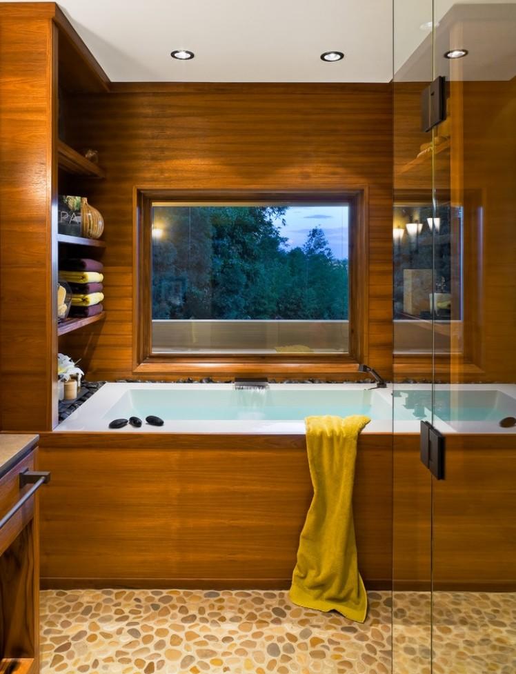 Kúpelňový nábytok z dreveného vidieckeho kúpeľa-čierna-dekorácia-kamienkové-okná